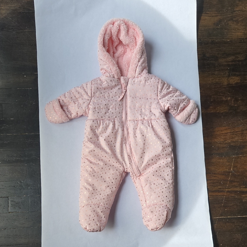 Rothschild 3-6mo Pink with Shiny Rose Gold Stars Baby Hooded Snowsuit
